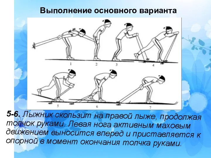 5-6. Лыжник скользит на правой лыже, продолжая толчок руками. Левая