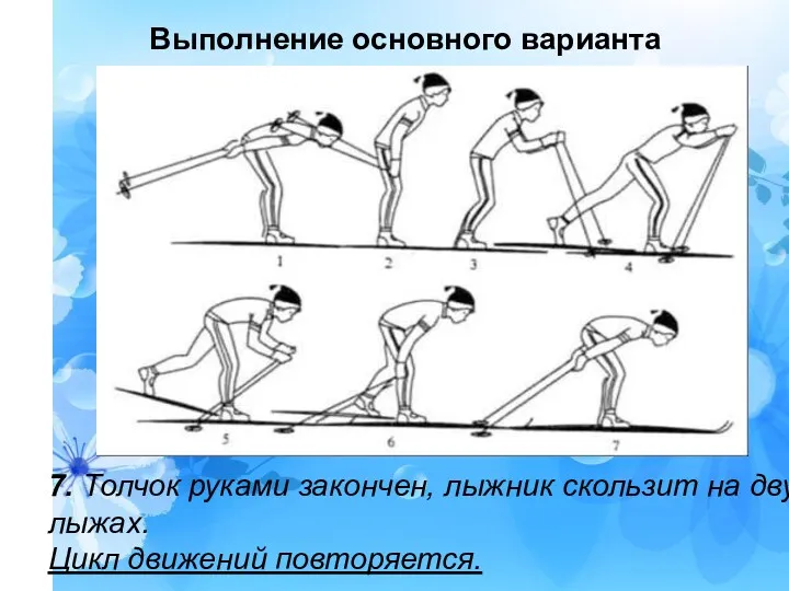 Выполнение основного варианта 7. Толчок руками закончен, лыжник скользит на двух лыжах. Цикл движений повторяется.
