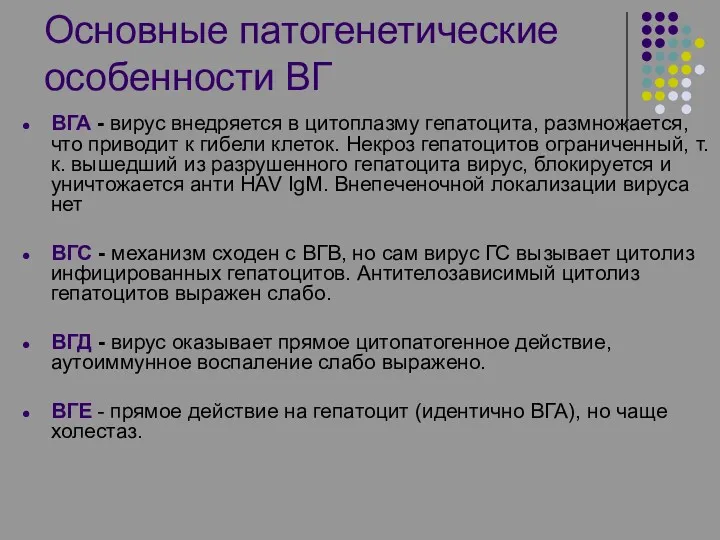 ВГА - вирус внедряется в цитоплазму гепатоцита, размножается, что приводит