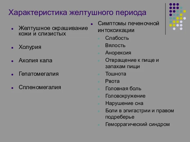 Характеристика желтушного периода Желтушное окрашивание кожи и слизистых Холурия Ахолия