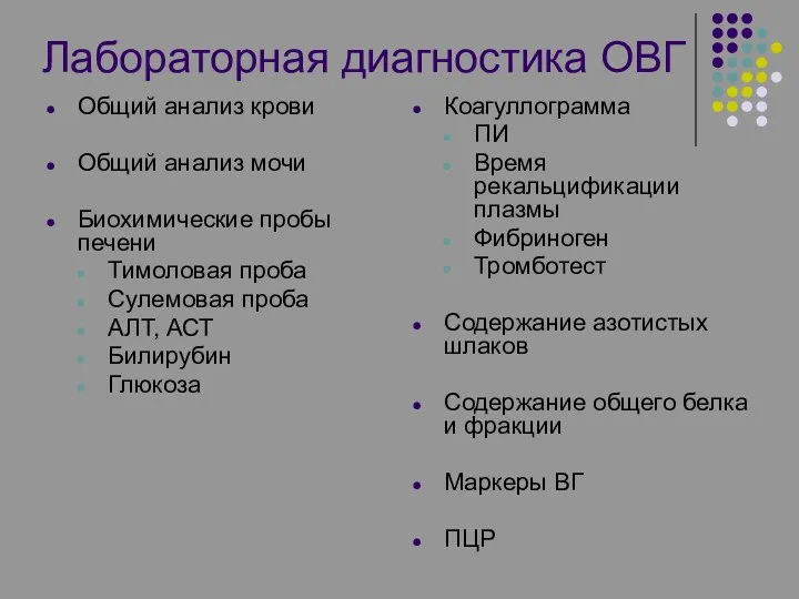 Лабораторная диагностика ОВГ Общий анализ крови Общий анализ мочи Биохимические