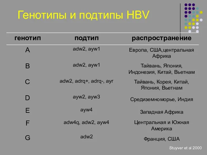 Генотипы и подтипы HBV Stuyver et al 2000