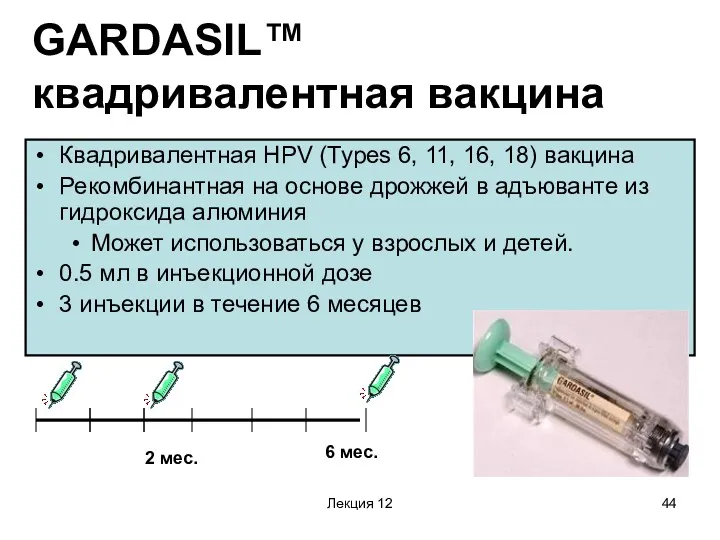 Лекция 12 GARDASIL™ квадривалентная вакцина Квадривалентная HPV (Types 6, 11,