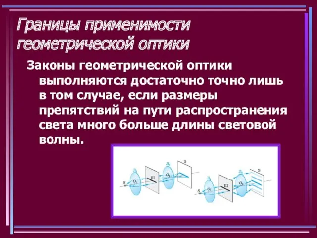 Границы применимости геометрической оптики Законы геометрической оптики выполняются достаточно точно