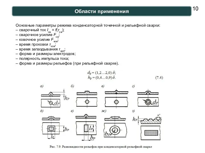 Области применения Основные параметры режима конденсаторной точечной и рельефной сварки:
