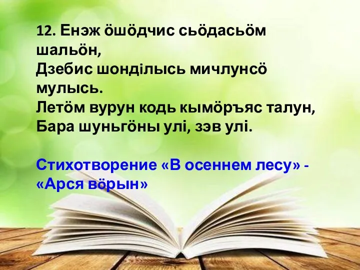 12. Енэж ӧшӧдчис сьӧдасьӧм шальӧн, Дзебис шондiлысь мичлунсӧ мулысь. Летӧм