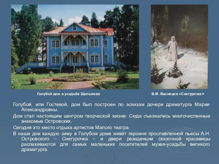 Голубой, или Гостевой, дом был построен по эскизам дочери драматурга Марии Александровны. Дом