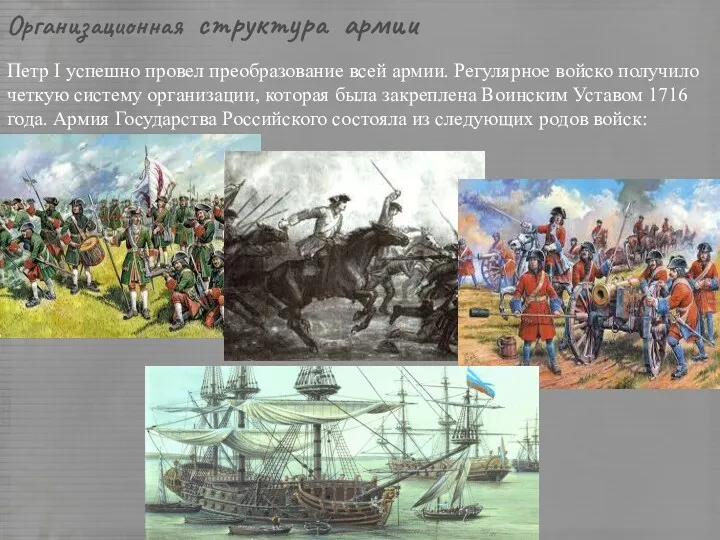Организационная структура армии Петр I успешно провел преобразование всей армии.