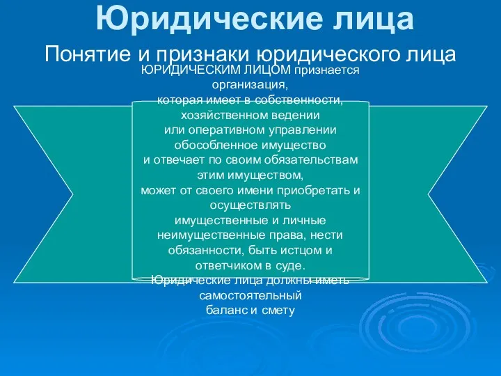 Юридические лица Понятие и признаки юридического лица ЮРИДИЧЕСКИМ ЛИЦОМ признается