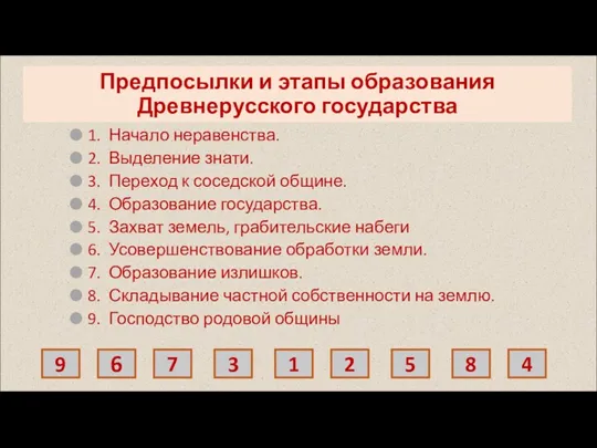 Предпосылки и этапы образования Древнерусского государства 1. Начало неравенства. 2.