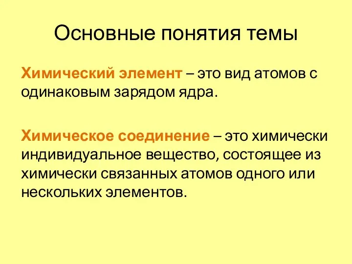 Основные понятия темы Химический элемент – это вид атомов с