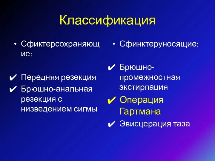 Классификация Сфиктерсохраняющие: Передняя резекция Брюшно-анальная резекция с низведением сигмы Сфинктеруносящие: Брюшно-промежностная экстирпация Операция Гартмана Эвисцерация таза