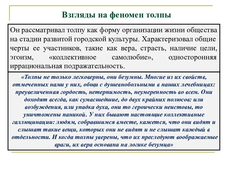 Взгляды на феномен толпы Он рассматривал толпу как форму организации