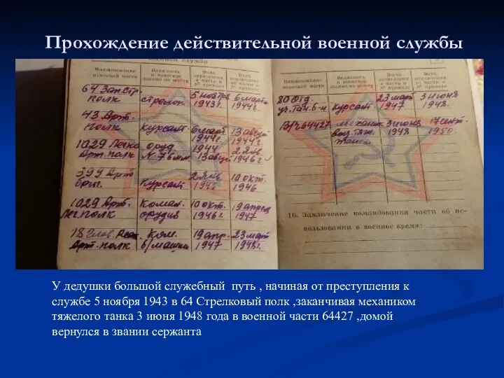 Прохождение действительной военной службы У дедушки большой служебный путь ,