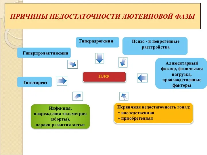 ПРИЧИНЫ НЕДОСТАТОЧНОСТИ ЛЮТЕИНОВОЙ ФАЗЫ НЛФ Гиперпролактинемия Гиперадрогения Гипотиреоз Инфекция, повреждения