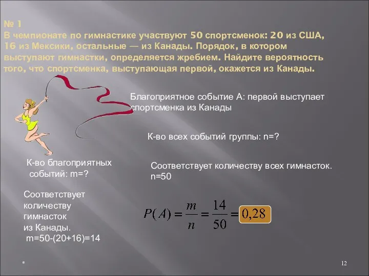 № 1 В чемпионате по гимнастике участвуют 50 спортсменок: 20