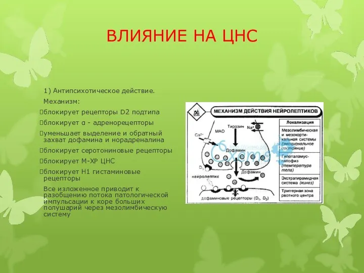 ВЛИЯНИЕ НА ЦНС 1) Антипсихотическое действие. Механизм: блокирует рецепторы D2