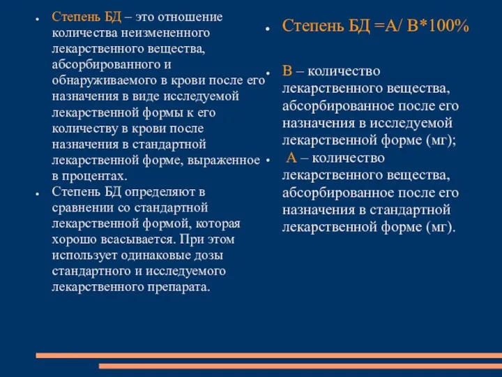 Степень БД – это отношение количества неизмененного лекарственного вещества, абсорбированного