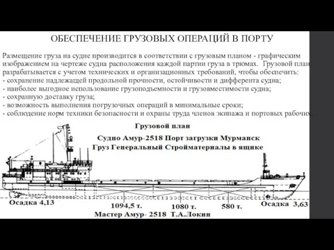 ОБЕСПЕЧЕНИЕ ГРУЗОВЫХ ОПЕРАЦИЙ В ПОРТУ Размещение груза на судне производится