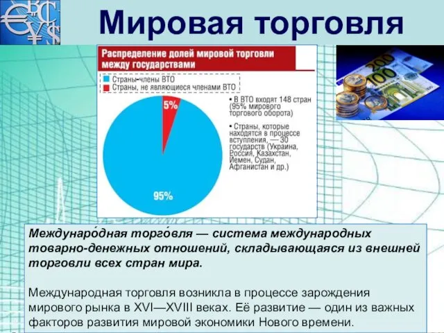 Мировая торговля Междунаро́дная торго́вля — система международных товарно-денежных отношений, складывающаяся