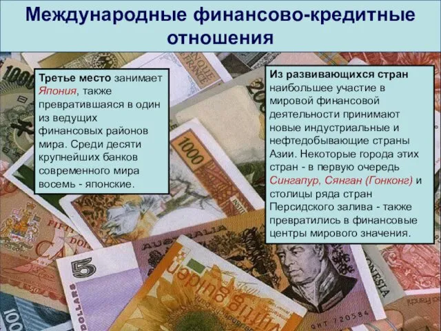 Международные финансово-кредитные отношения Третье место занимает Япония, также превратившаяся в