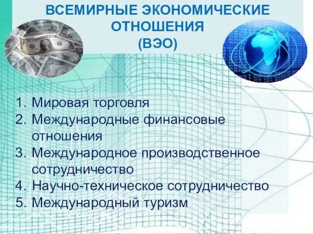 ВСЕМИРНЫЕ ЭКОНОМИЧЕСКИЕ ОТНОШЕНИЯ (ВЭО) Мировая торговля Международные финансовые отношения Международное производственное сотрудничество Научно-техническое сотрудничество Международный туризм