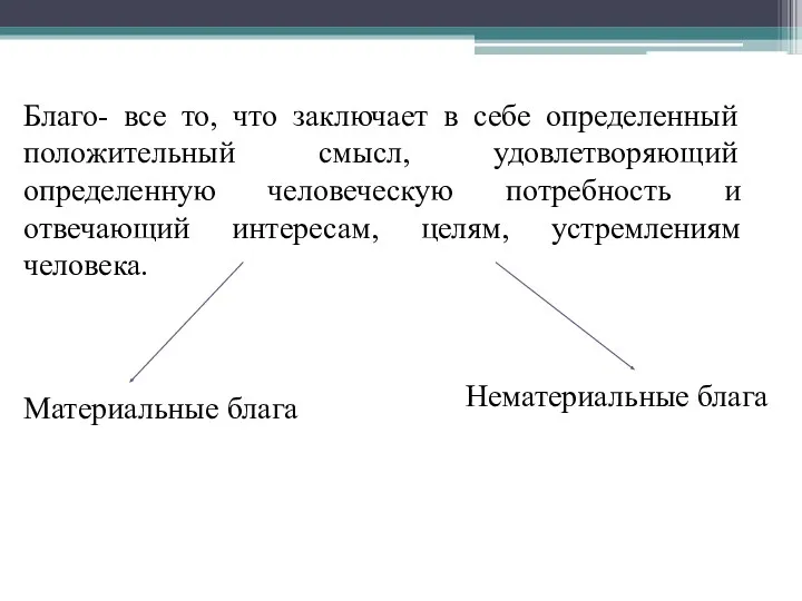 Благо- все то, что заключает в себе определенный положительный смысл,