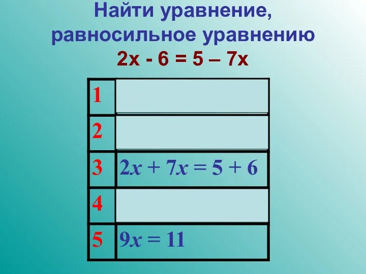 Найти уравнение, равносильное уравнению 2x - 6 = 5 – 7x