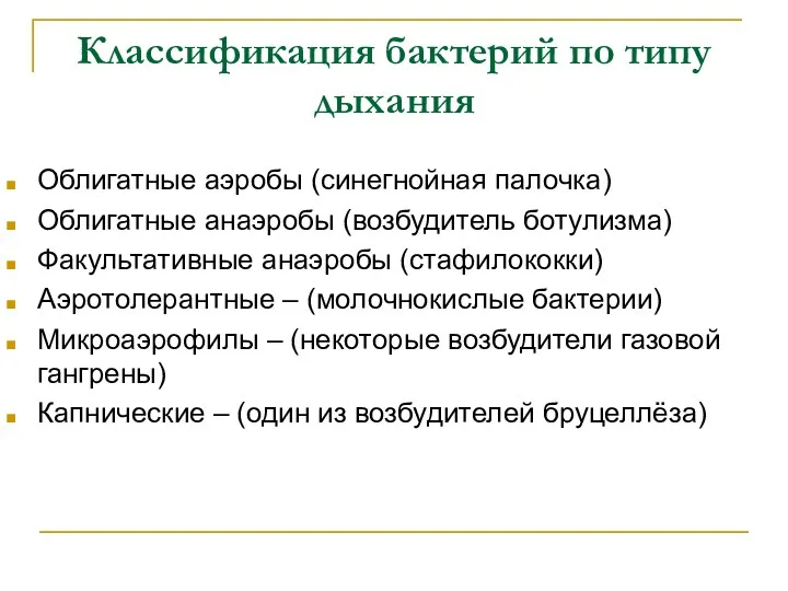 Классификация бактерий по типу дыхания Облигатные аэробы (синегнойная палочка) Облигатные