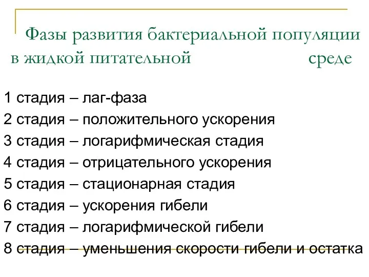 Фазы развития бактериальной популяции в жидкой питательной среде 1 стадия