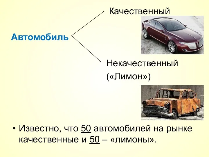 Качественный Автомобиль Некачественный («Лимон») Известно, что 50 автомобилей на рынке качественные и 50 – «лимоны».