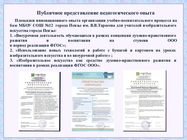 г образовательного процесса Публичное представление педагогического опыта Площадки инновационного опыта организации учебно-воспитательного процесса