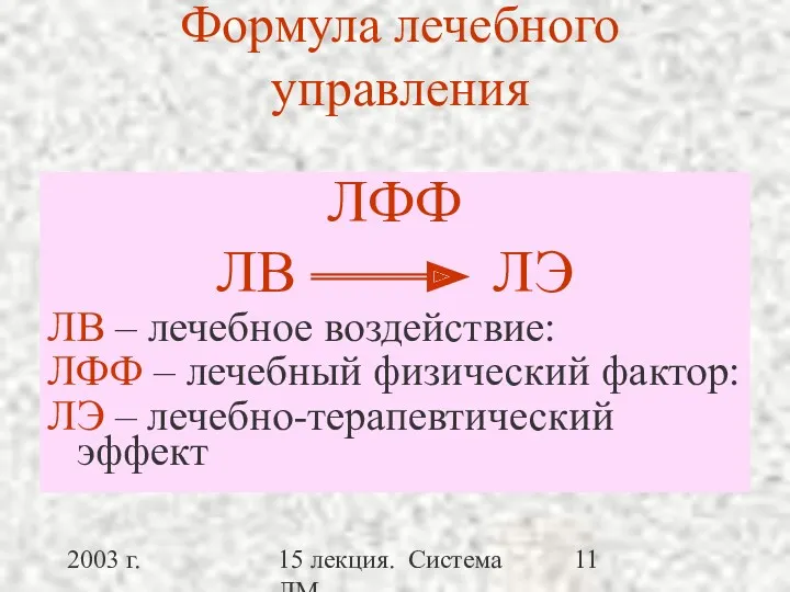 2003 г. 15 лекция. Система ЛМ Формула лечебного управления ЛФФ