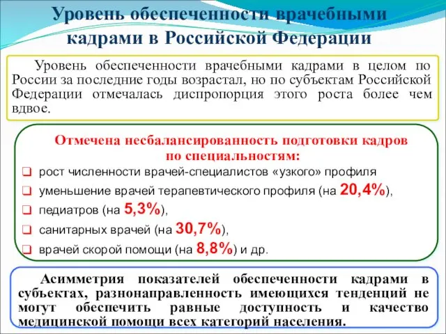 Уровень обеспеченности врачебными кадрами в Российской Федерации Уровень обеспеченности врачебными кадрами в целом