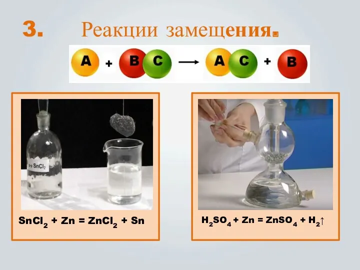 Реакции замещения. SnCl2 + Zn = ZnCl2 + Sn H2SO4