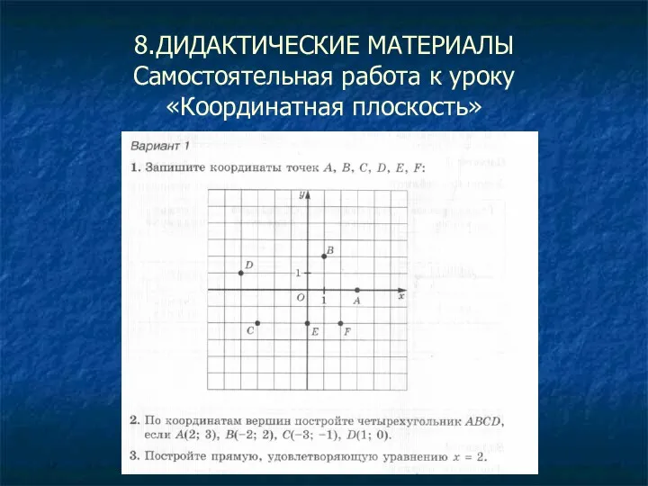 8.ДИДАКТИЧЕСКИЕ МАТЕРИАЛЫ Самостоятельная работа к уроку «Координатная плоскость»