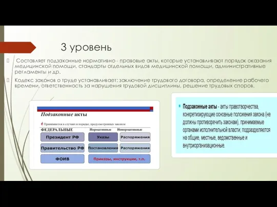 3 уровень Составляет подзаконные нормативно - правовые акты, которые устанавливают порядок оказания медицинской