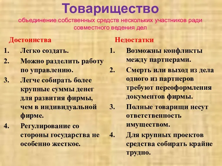 Товарищество объединение собственных средств нескольких участников ради совместного ведения дел Достоинства Легко создать.