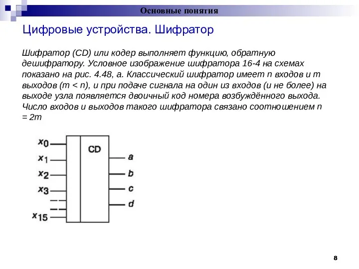 Цифровые устройства. Шифратор Основные понятия = Шифратор (CD) или кодер выполняет функцию, обратную