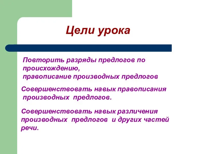 Повторить разряды предлогов по происхождению, правописание производных предлогов Совершенствовать навык правописания производных предлогов.