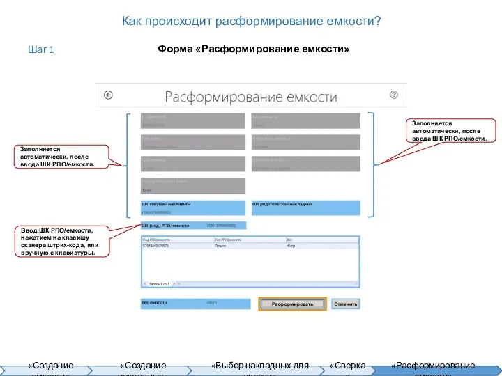 Как происходит расформирование емкости? Форма «Расформирование емкости» Ввод ШК РПО/емкости,