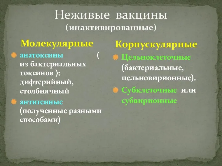 Неживые вакцины (инактивированные) Молекулярные анатоксины ( из бактериальных токсинов ):