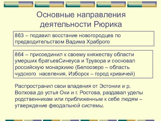 Основные направления деятельности Рюрика 863 – подавил восстание новогородцев по