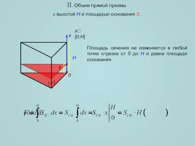 II. Объем прямой призмы с высотой H и площадью основания