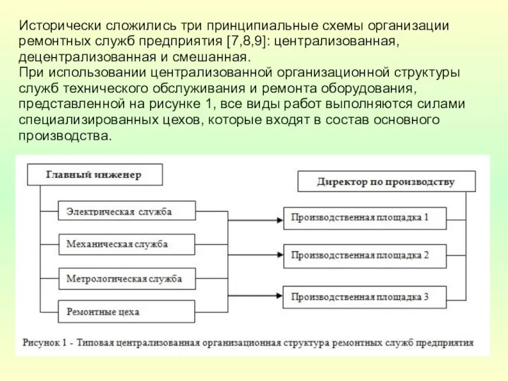 Исторически сложились три принципиальные схемы организации ремонтных служб предприятия [7,8,9]: