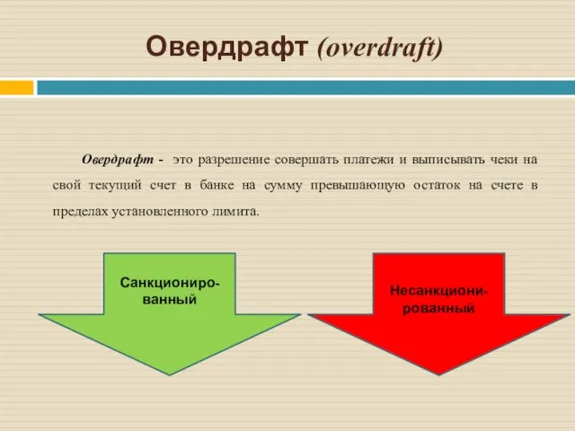 Овердрафт (overdraft) Овердрафт - это разрешение совершать платежи и выписывать