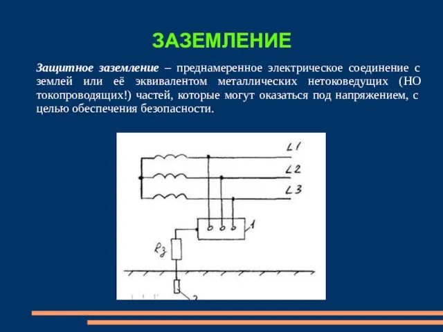 ЗАЗЕМЛЕНИЕ Защитное заземление – преднамеренное электрическое соединение с землей или