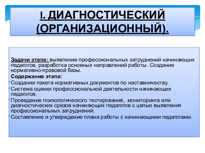 Задачи этапа: выявление профессиональных затруднений начинающих педагогов, разработка основных направлений