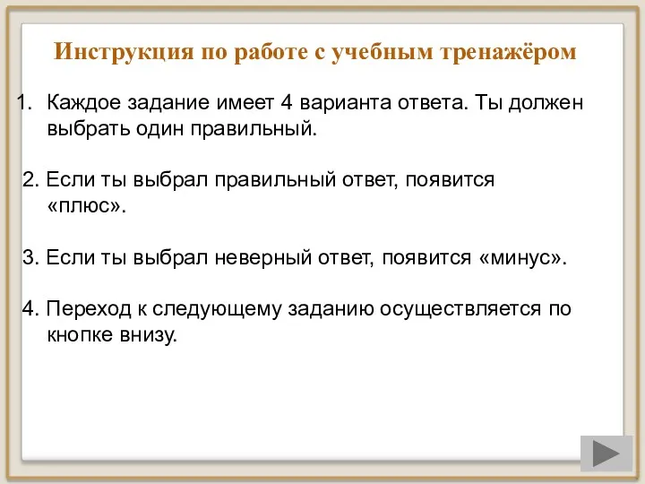 Инструкция по работе с учебным тренажёром Каждое задание имеет 4