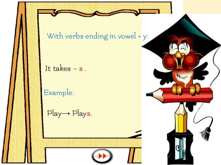 With verbs ending in vowel + y: It takes – s . Example: Play→ Plays.